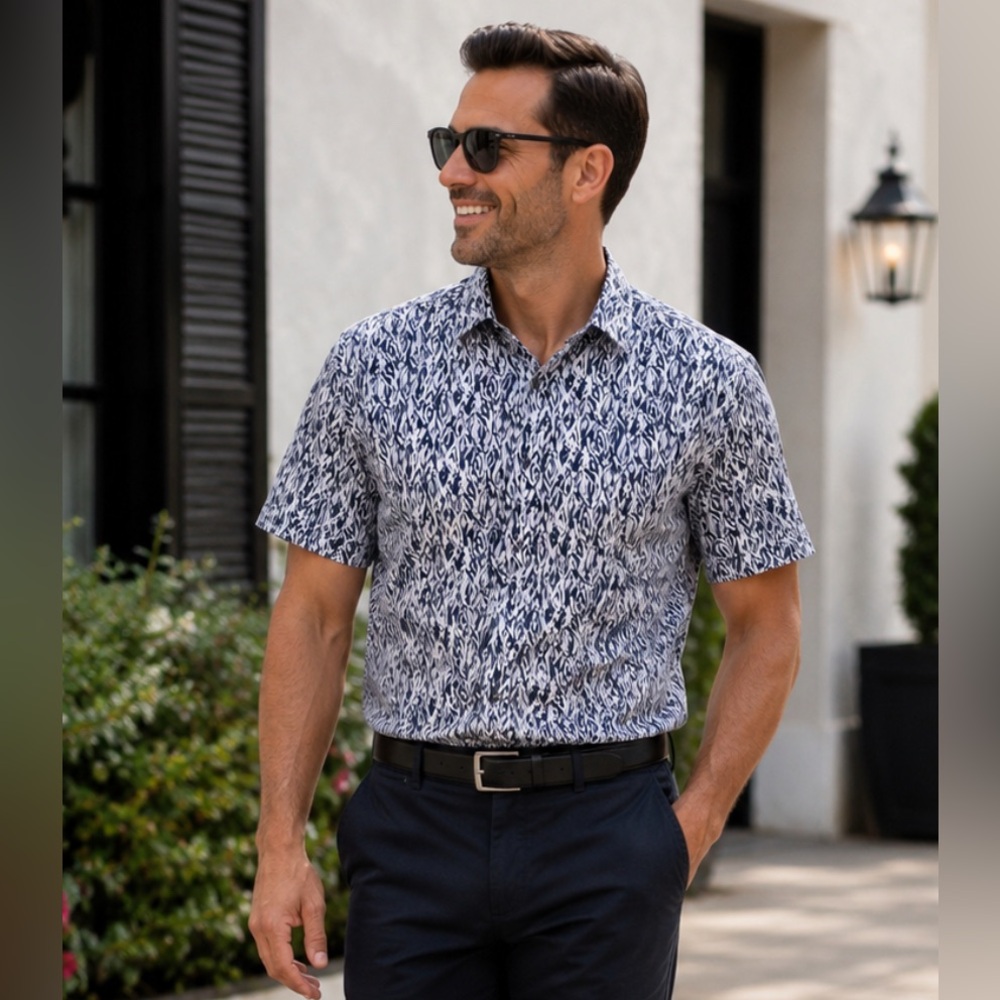 JOHN VARVATOS Shirt Men’s M Short Sleeve Button Up Luxury Abstract Cotton Preppy